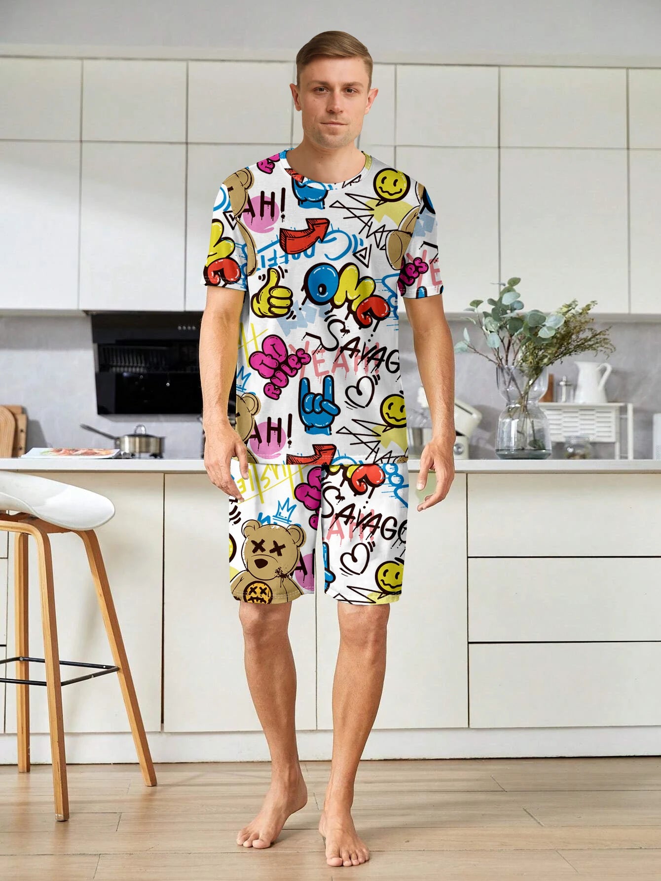 Men's Cartoon Silk-Screen Pyjama Set for Men