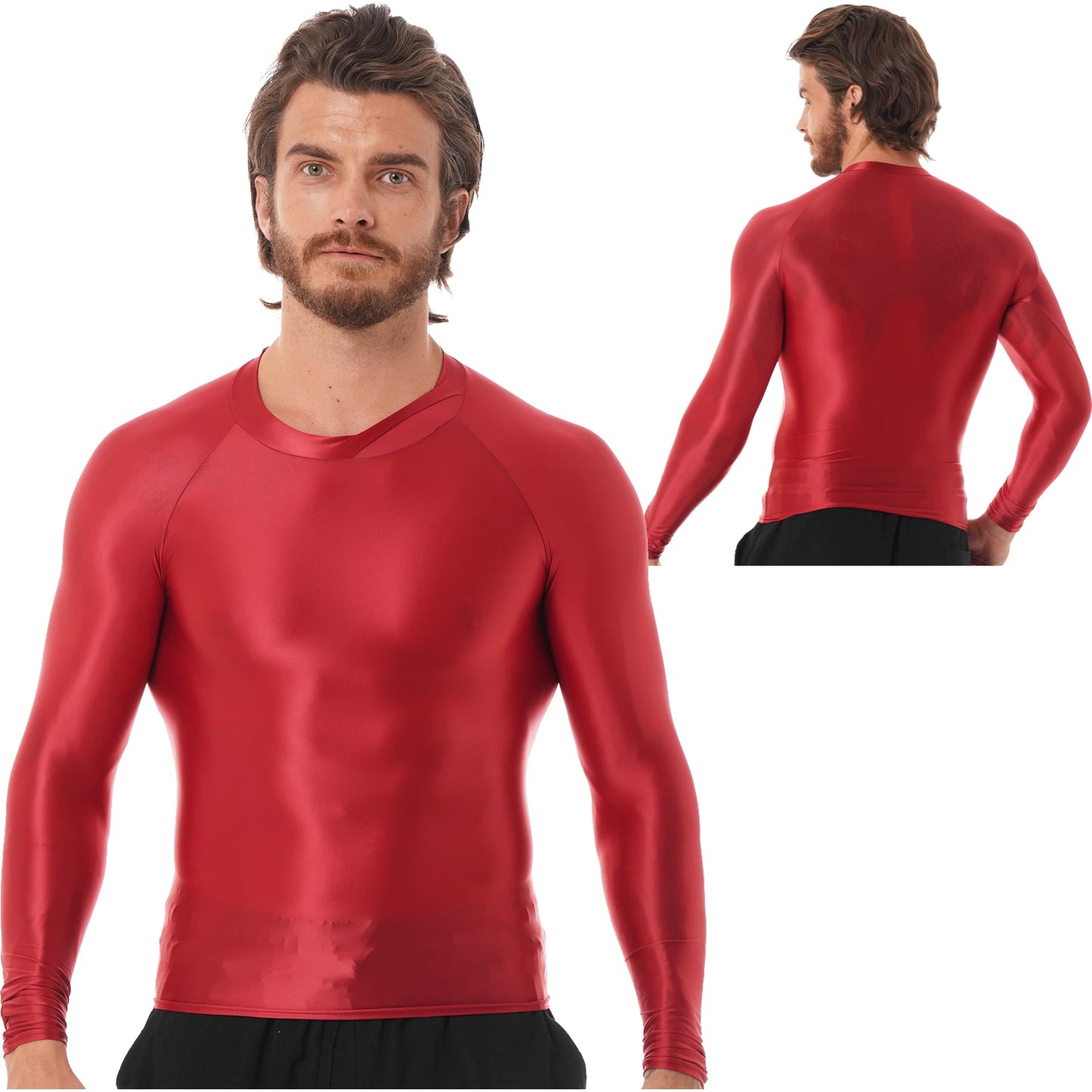 Mens Sports T-Shirts Tops Slim Fit Breathable T-Shirts Tops Glossy O Neck Long Sleeve Transparent T-shirt Running Undershirts