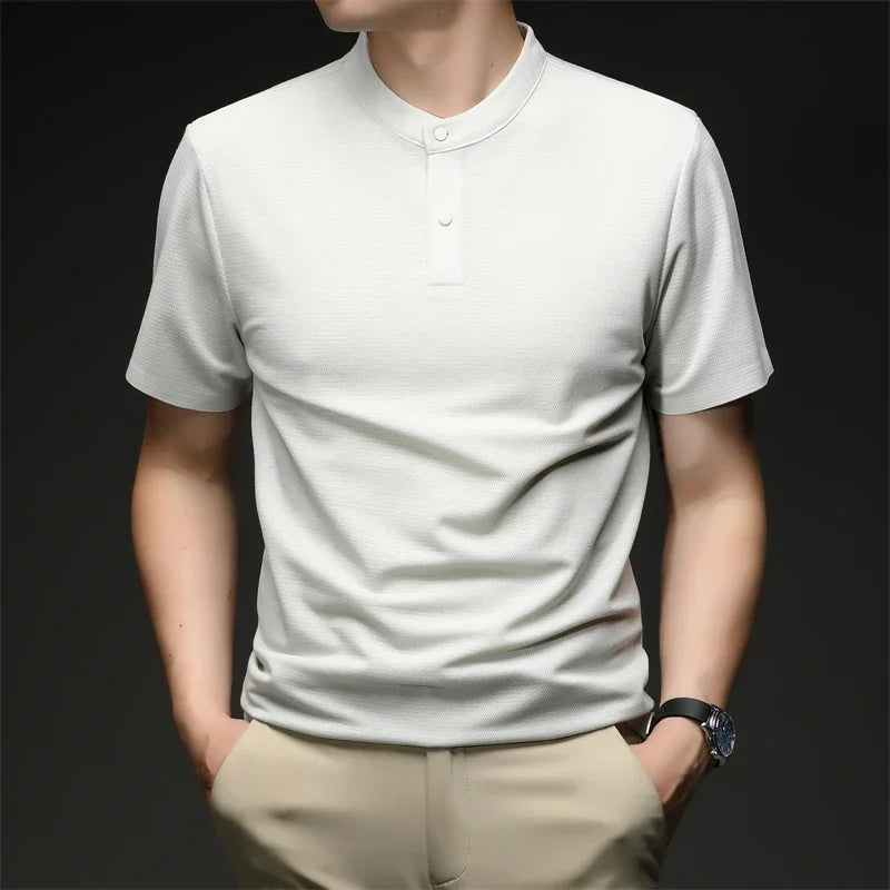Mens Short Sleeve Mandarin Collar Polo Shirt Casual Tops With Buttons Breathable Slim Fit Waffle Knit Tees For Men Summer Style