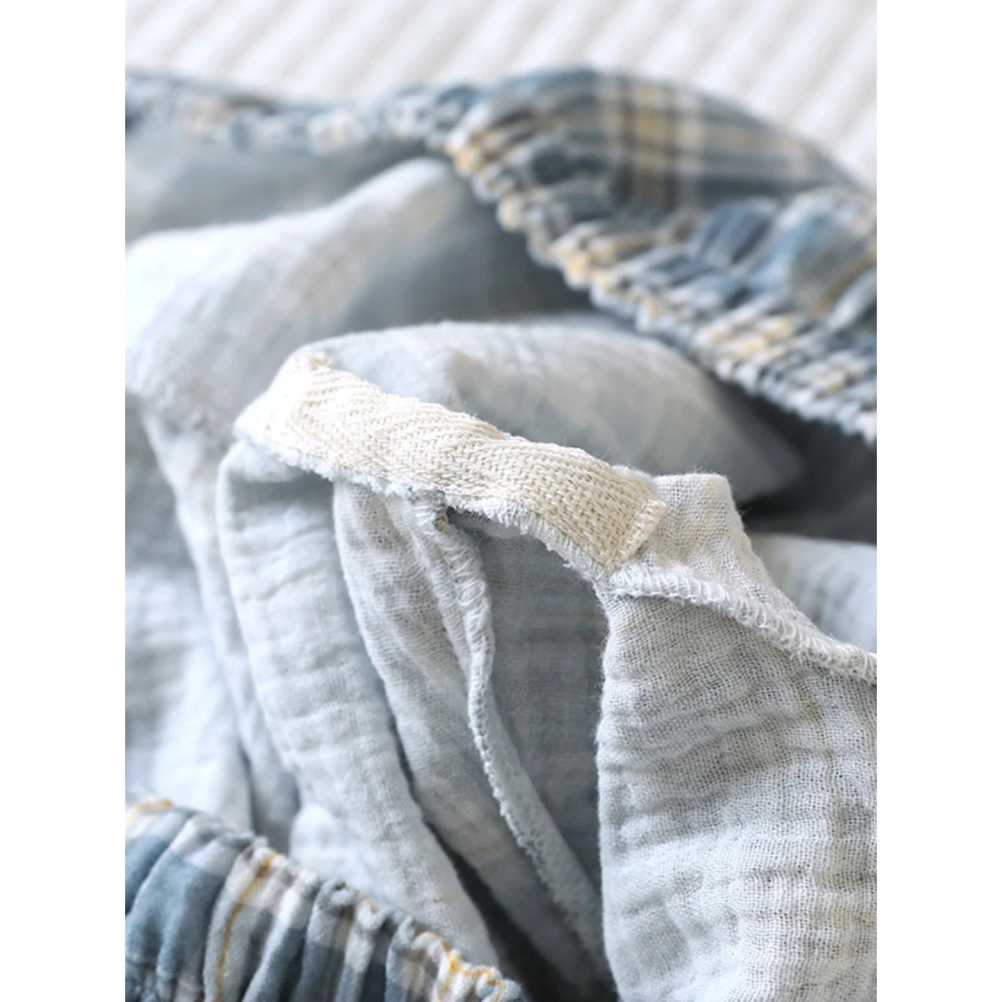 Men's 2-Piece Pajama Set - Japanese Plaid Sleepwear, Cotton Gauze Short Sleeve & Shorts, Lightweight & Breathable Relaxed Fit, S