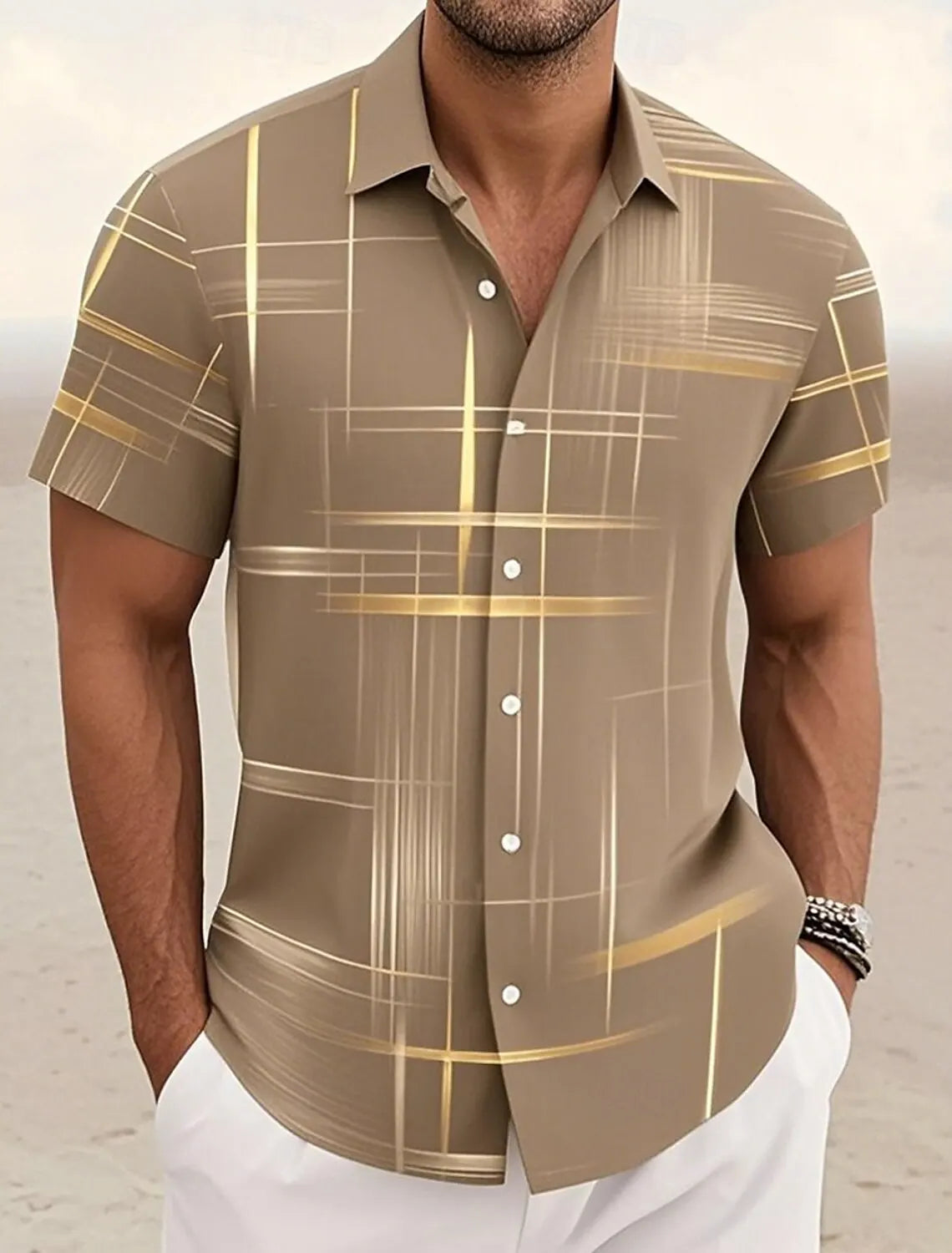 Men's Short Sleeve Geometric Plaid Hawaiian Shirt