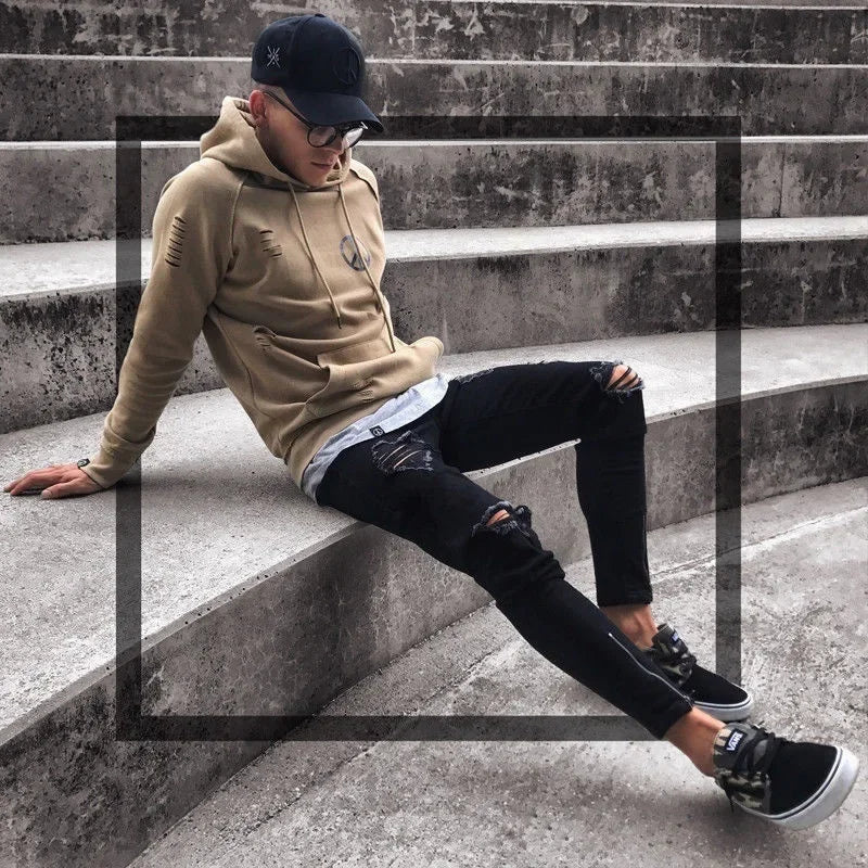 Black Ripped Stretch Jeans for Men