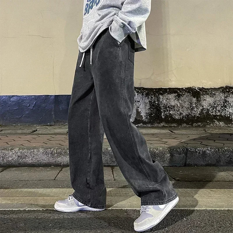 Men's Casual Loose Wide Leg Jeans in Black Grey Blue