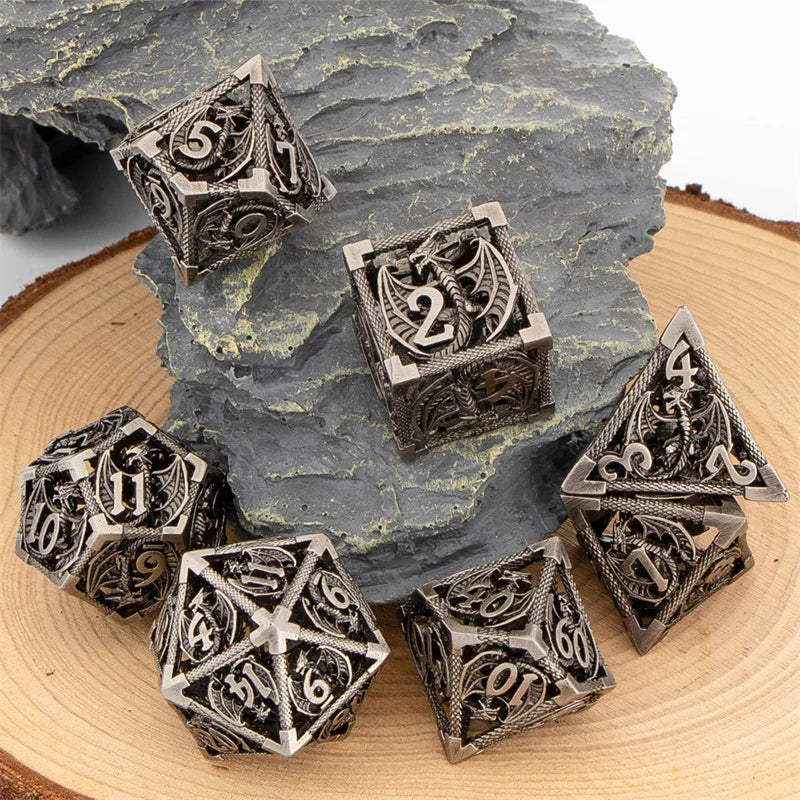 GSF Polyhedral Metal Dragon D&D Dice Set for Dungeons and Dragons Hollow Metal Dice