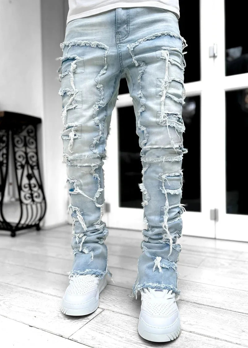 Men's Denim Straight Jeans with Tassels and Pockets