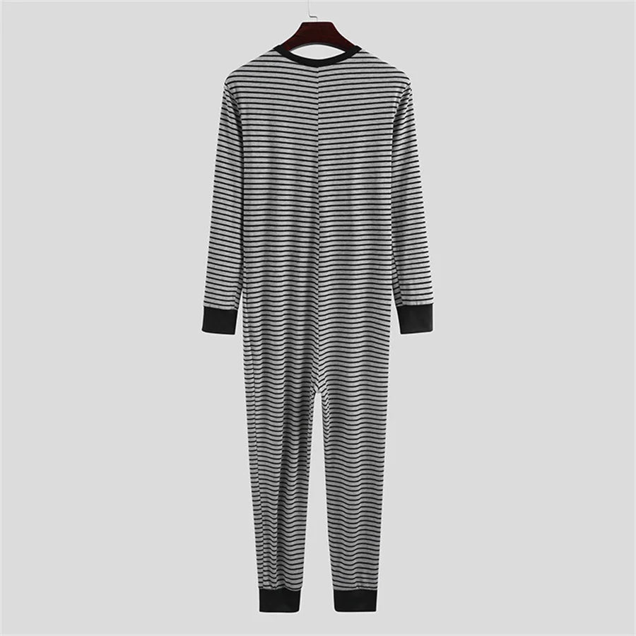 Men's Striped Polyester O-neck Jumpsuit
