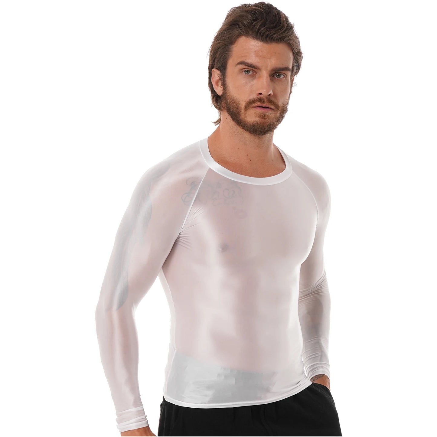 Mens Sports T-Shirts Tops Slim Fit Breathable T-Shirts Tops Glossy O Neck Long Sleeve Transparent T-shirt Running Undershirts