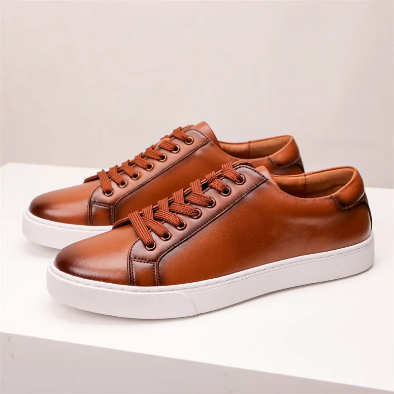 Genuine Leather White Sneakers for Men Casual Outdoor Use Non-Slip Breathable Handmade
