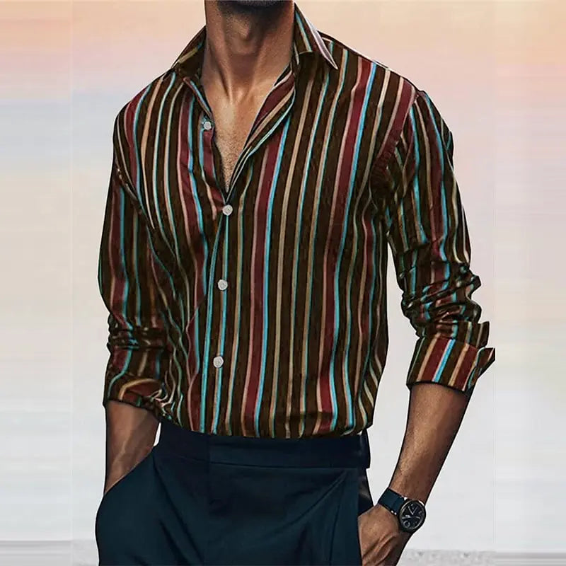 Men's Casual Long Sleeved Striped Shirt in Polyester