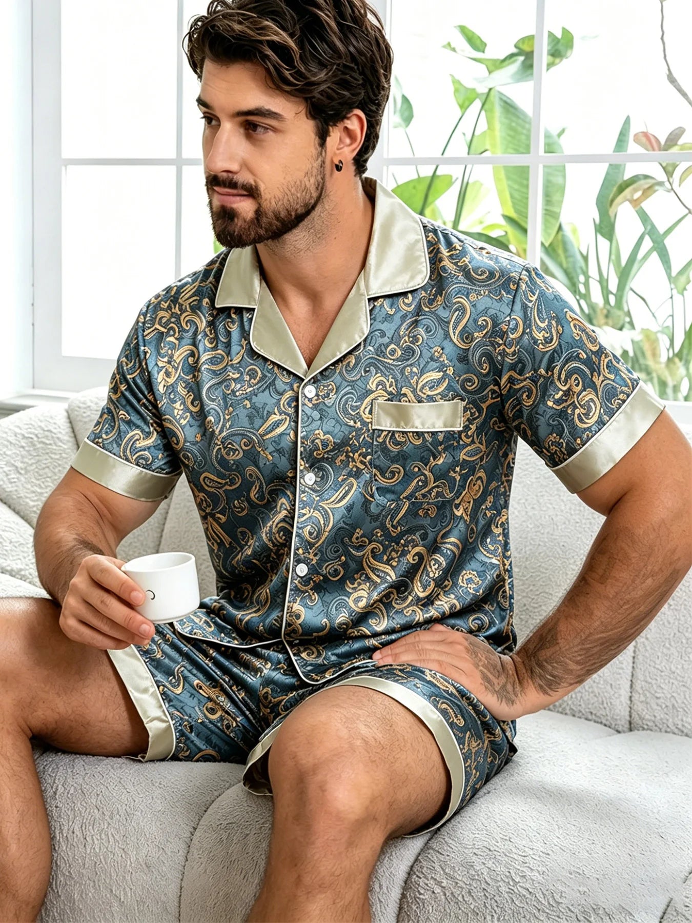 Nightwear for Men Pajamas Men's Satin Pajama Set Paisley Print Short Sleeve Button Down Loungewear Sleepwear Shorts Pijama Set