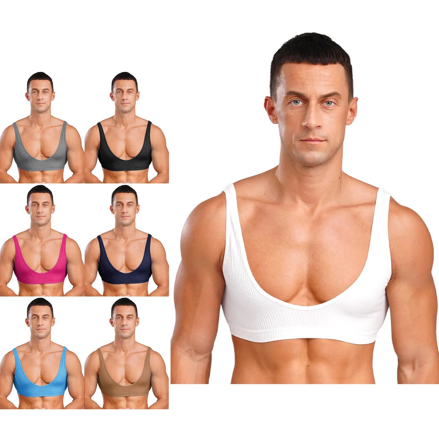 Mens Stretchy Muscle Tanks Top Deep V Neck Clubwear Sleeveless Ribbed Cropped Tops Male Gym Bodybuilding Fitness Sports Bra Vest