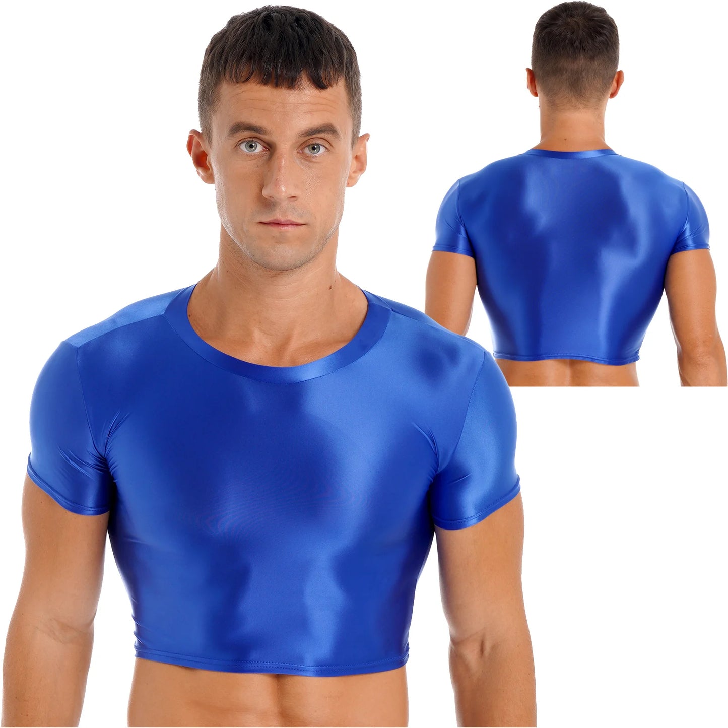 Mens Glossy Crop Top Short Sleeve Oil Shiny Slim Fit Sports Fitness T-shirt Tee Workout Cheer Booty Dance Tops Swimwear Clubwear