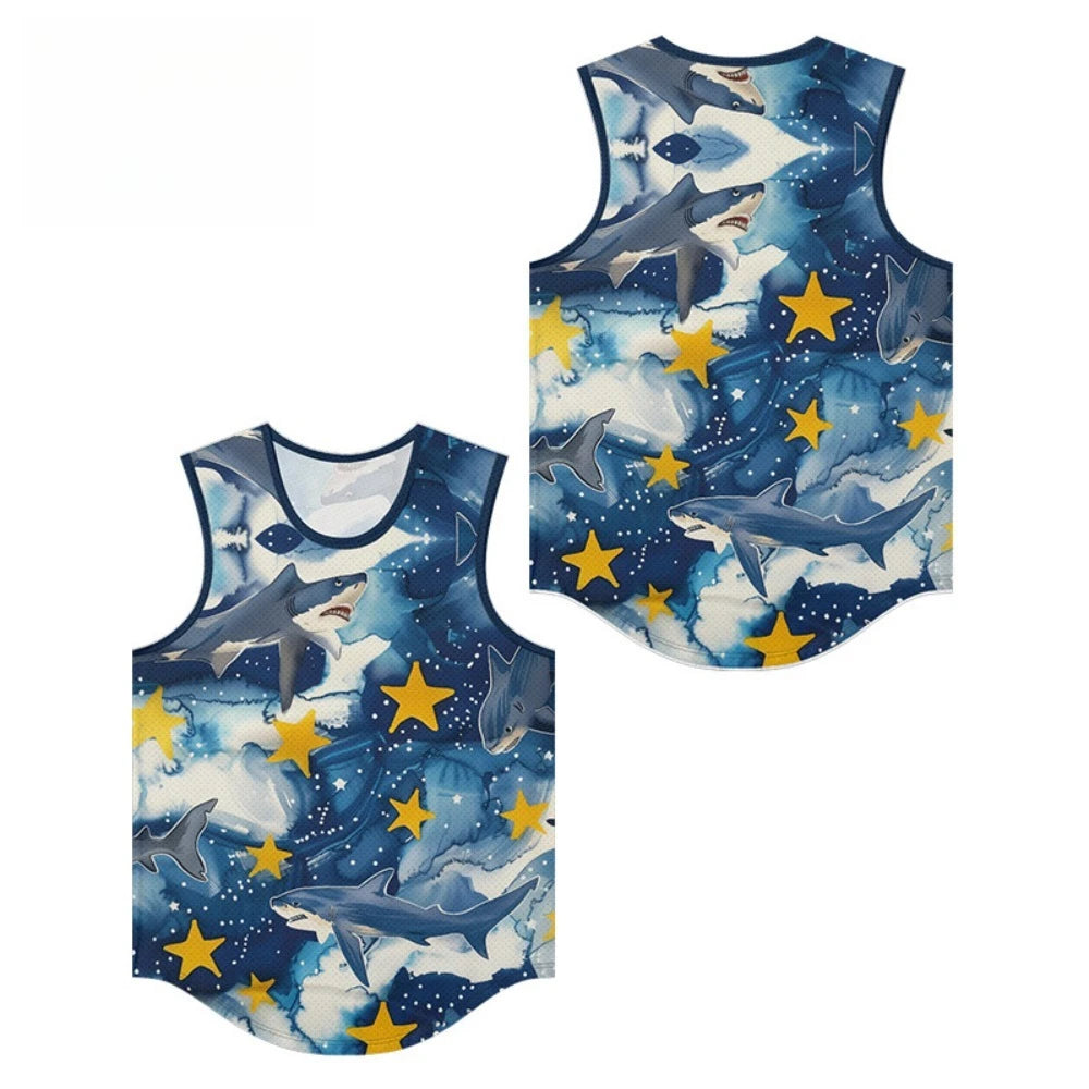 Mens Tank Top Vests Stars Sharks Printed Trendy Breathable Beachwear Essential Sleeveless Loose Summer Sports Oversize Clothing