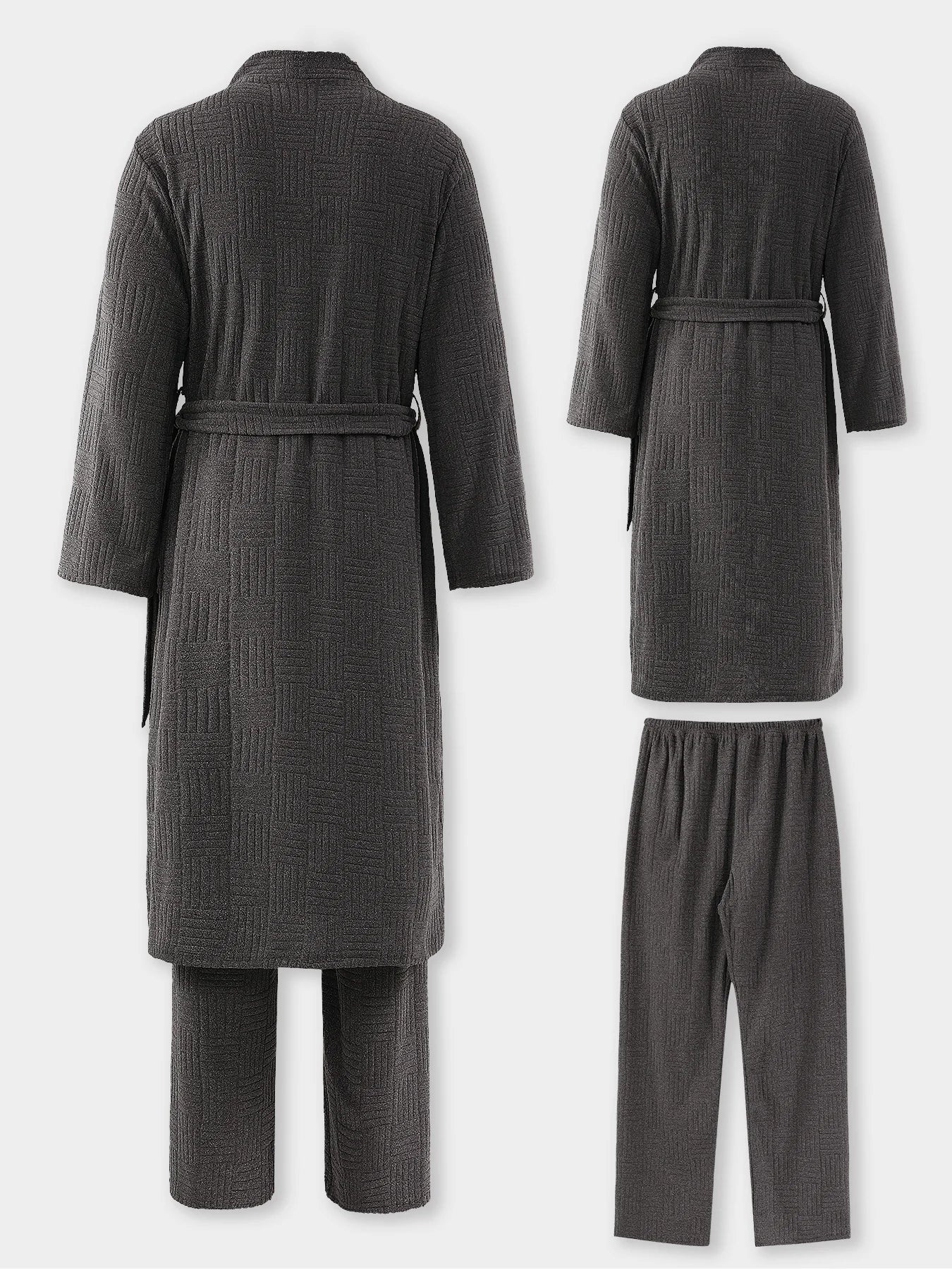 Men's Textured Plaid Bathrobe & Pajama Pants Loungewear Set 2 Piece Spring Autumn Thickened Belted Robe