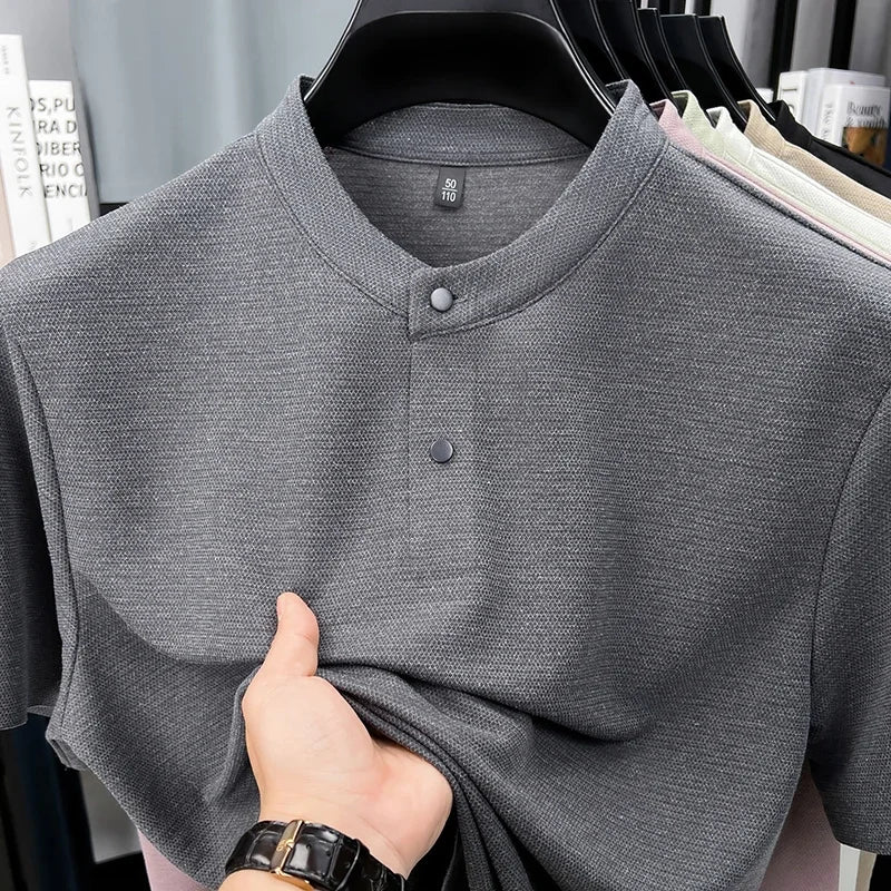 Mens Short Sleeve Mandarin Collar Polo Shirt Casual Tops With Buttons Breathable Slim Fit Waffle Knit Tees For Men Summer Style