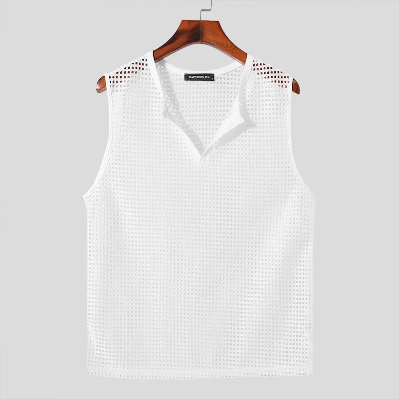 2024 Men Tank Tops Mesh Hollow Out Solid V Neck Sleeveless Summer Male Vests Streetwear Transparent Fashion Men Clothing INCERUN