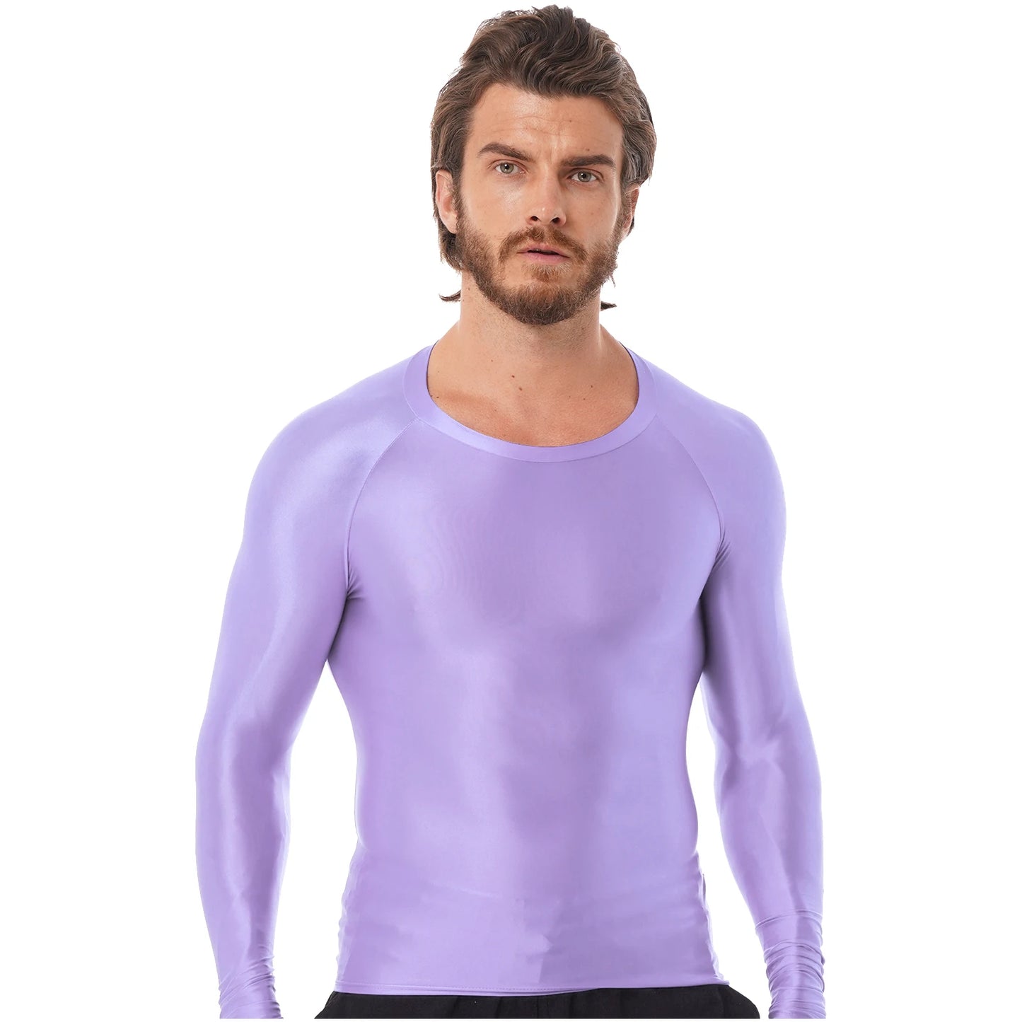 Mens Glossy Sports Tops Long Sleeve T-shirt Solid Color Slim Fit Breathable Fitness Gymnastics Workout Tops Yoga Beach Swimwear