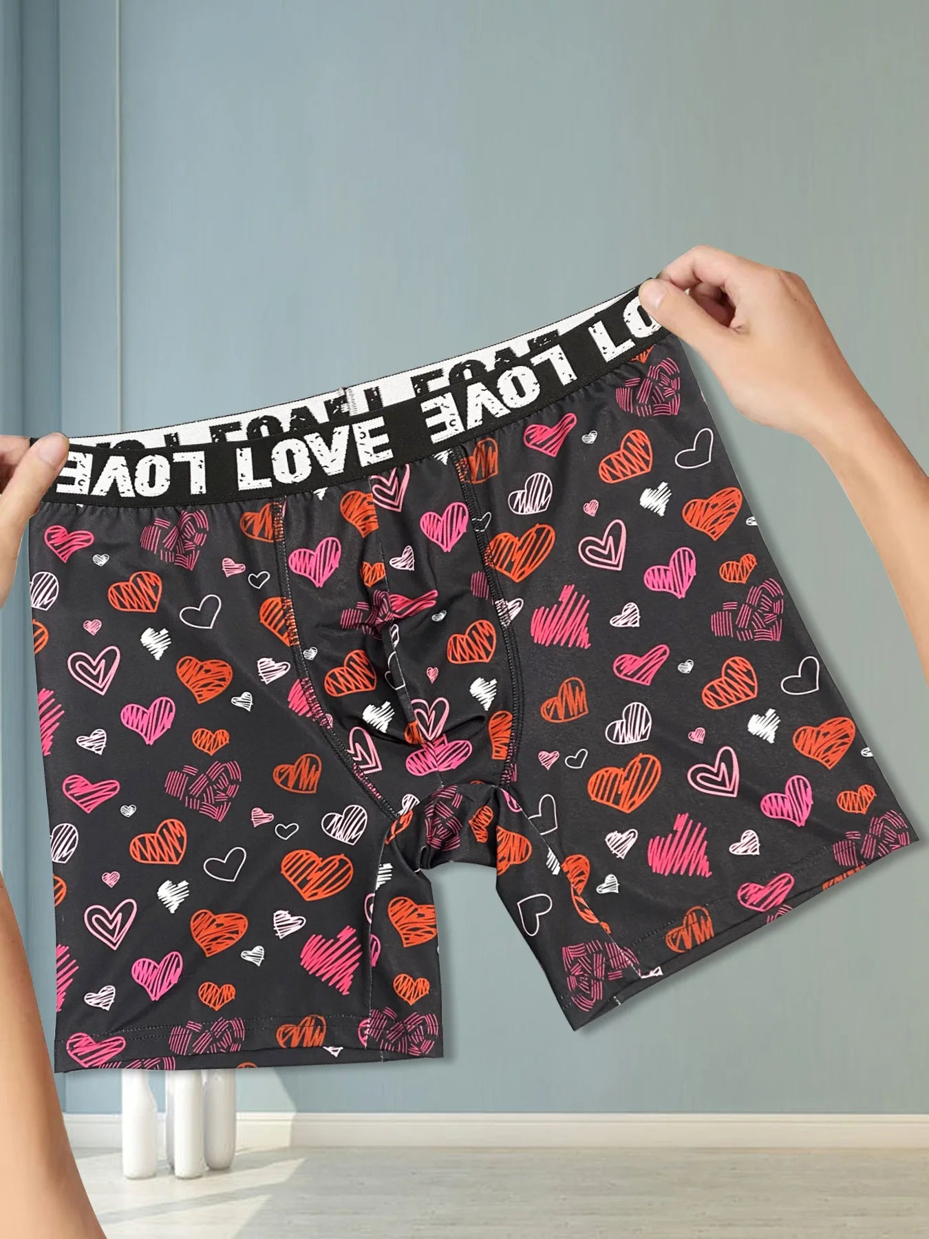 Men's Black Printed Boxer Shorts with Lips and Hearts