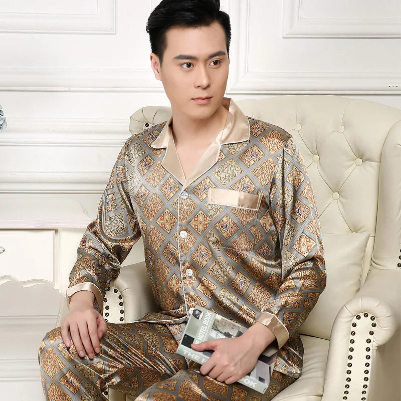 Silk Satin Pajamas for Men Sleepwear Cozy Soft Print Long Sleeve Nightgown Tops + Trousers Two Pieces Mens Pajama Set