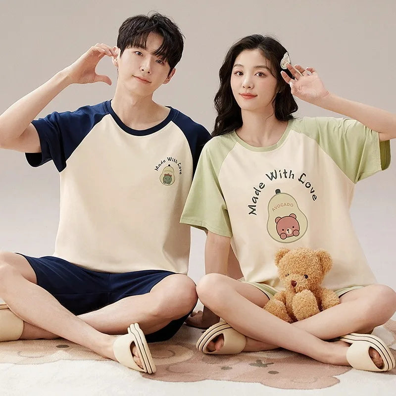 Couples Home Suit Women's Sleepwear Suit Man's Pajamas Set Cotton Short Sleeves Sleep Tops Shorts Pyjamas Nightwear Mujer Homme