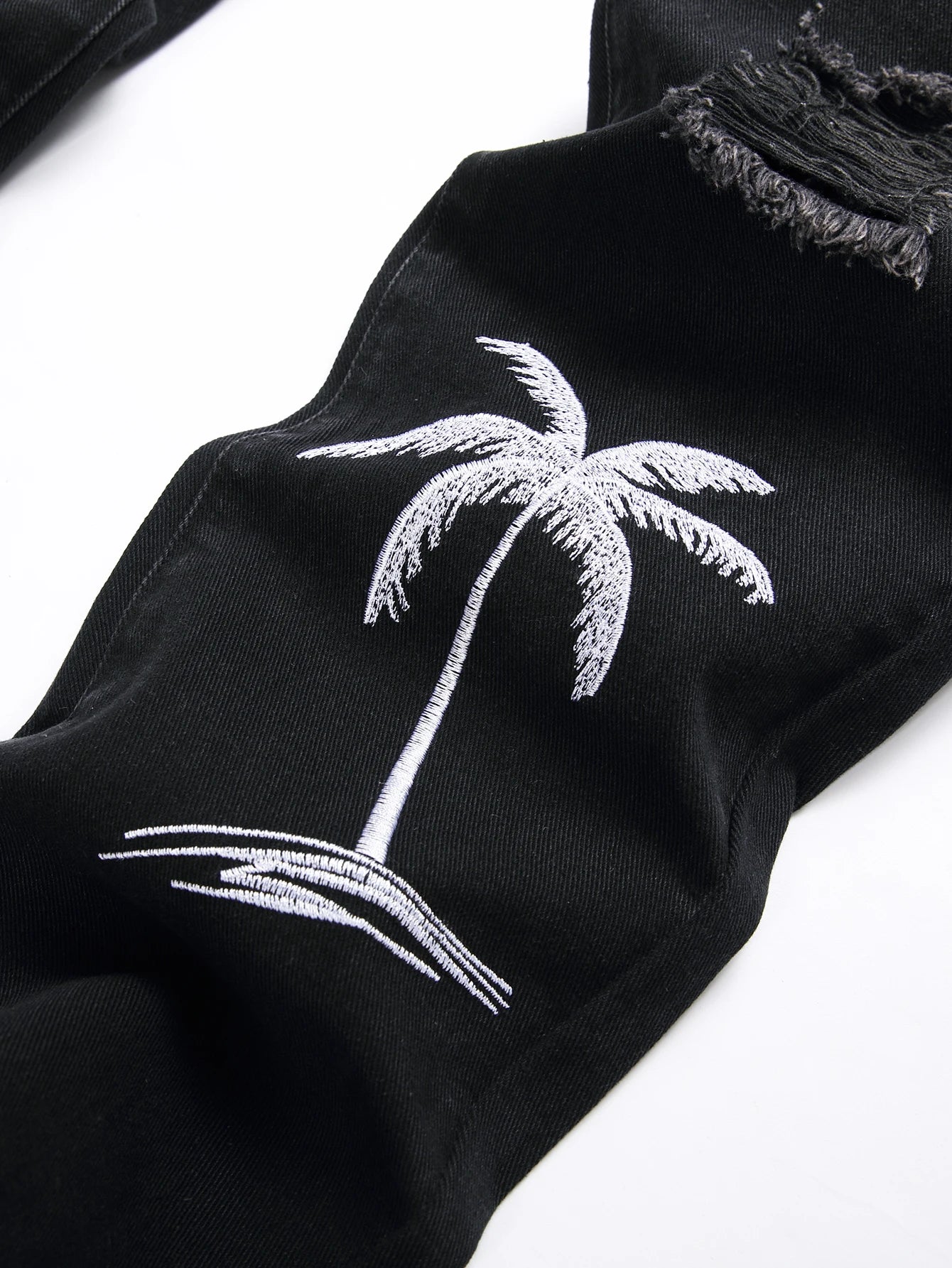 Men's Black Denim Slim Fit Jeans with White Embroidery