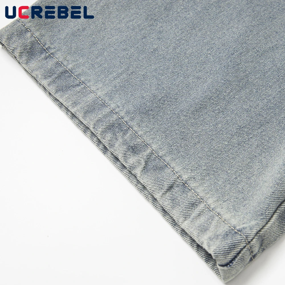 Double Waist Jeans Mens with Belt Retro High Street Loose Straight Wide Leg Washed Distressed Denim Pants Men