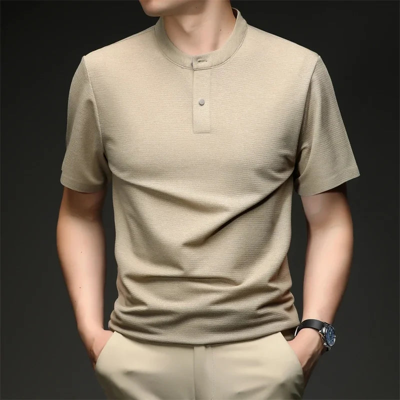 Mens Short Sleeve Mandarin Collar Polo Shirt Casual Tops With Buttons Breathable Slim Fit Waffle Knit Tees For Men Summer Style