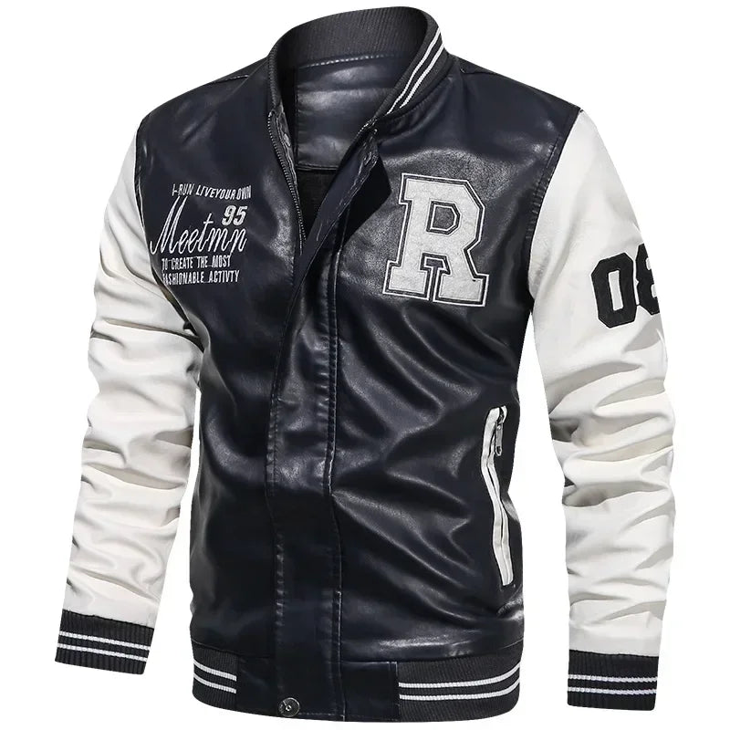 Bomber Jacket Men Leather Fleece Casual Zipper Coat