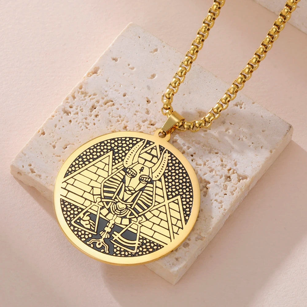 Egyptian God Anubis Double Sides Necklace Pharaoh Pyramid Eye of Horus Protection Amulet Stainless Steel Ancient Egypt Jewelry