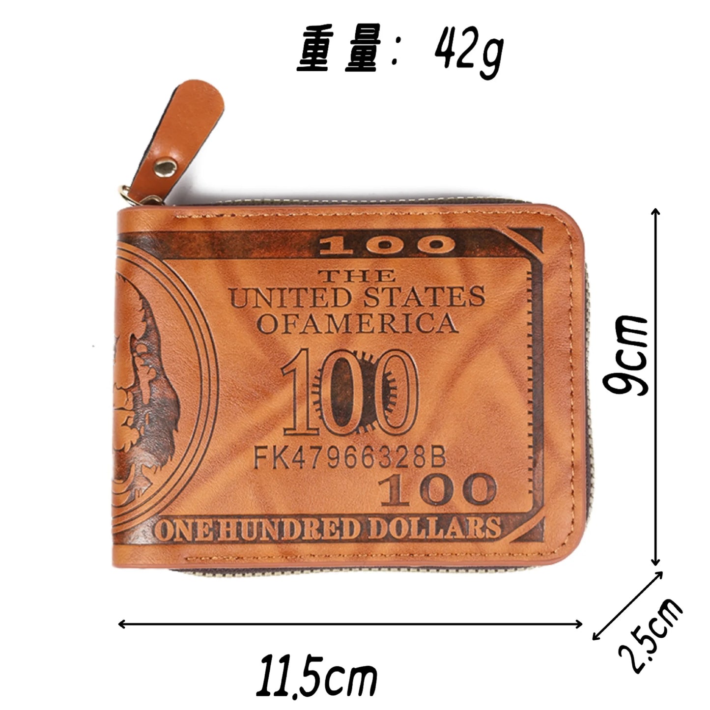 NONE Zipper Men Wallet with 100 US Dollar Pattern Male Leather Wallet