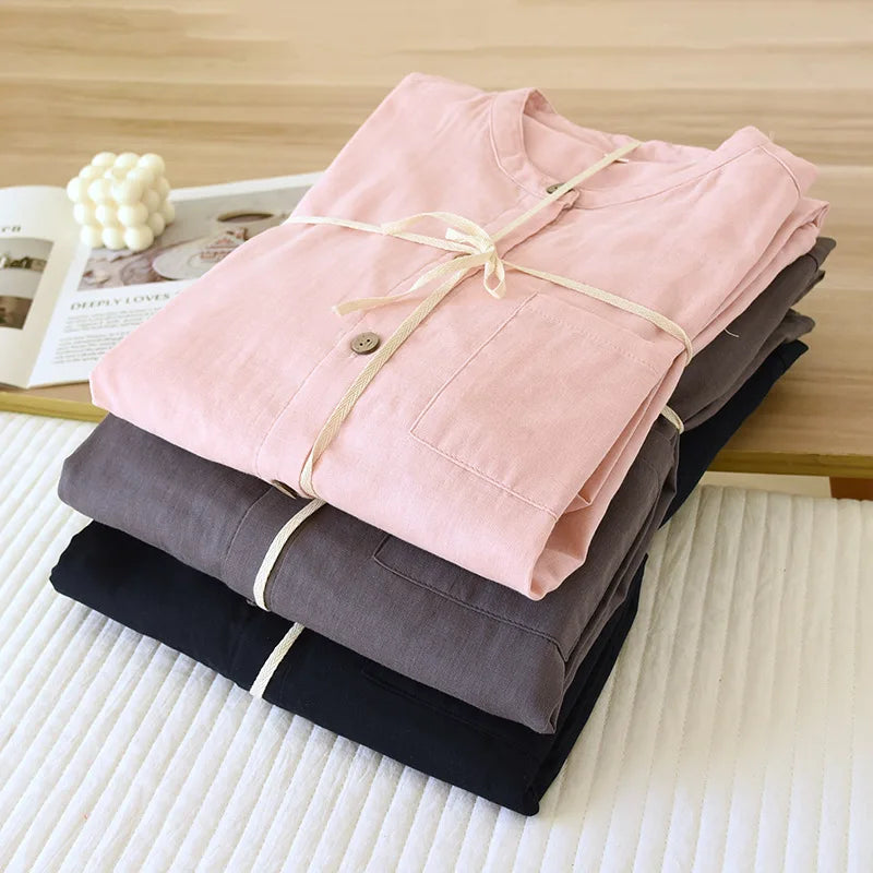 New Men's Sleepwear Two-piece Set for Spring 2025 100% Cotton Crepe Fabric Vertical Long Sleeved Long Pants Home Suit Set
