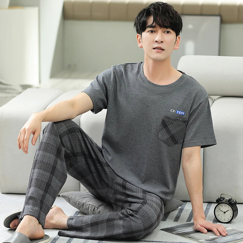 Men's Home Clothes Summer Striped Cotton Sleepwear Lounge Set Homewear Male Pajamas Set Trouser Home Suit Big Size Pijama Hombre