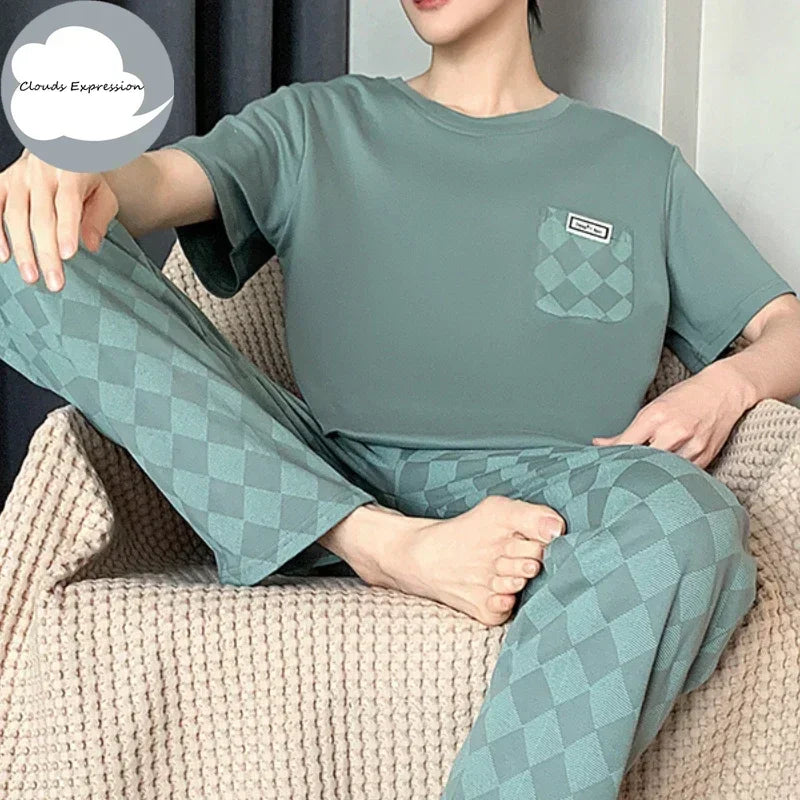 Summer Knitted Mens Casual Pyjamas Set