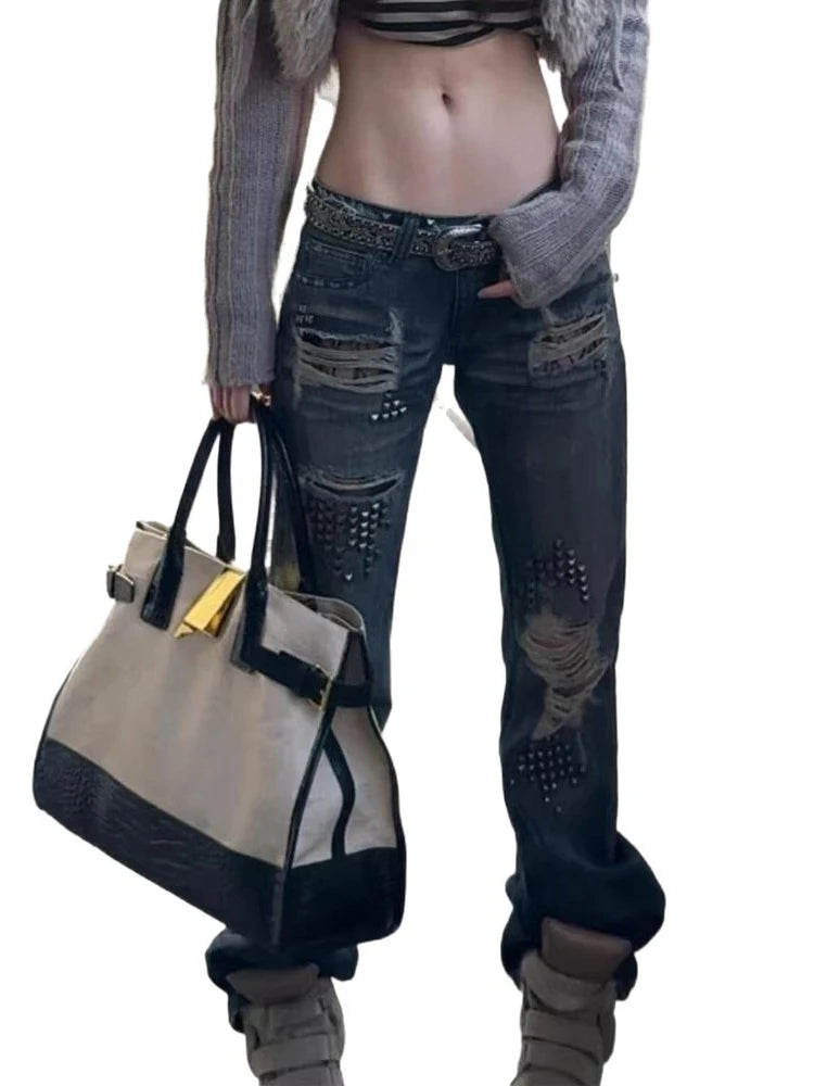 Vintage Y2K Studded Patchwork Denim Jeans for Men