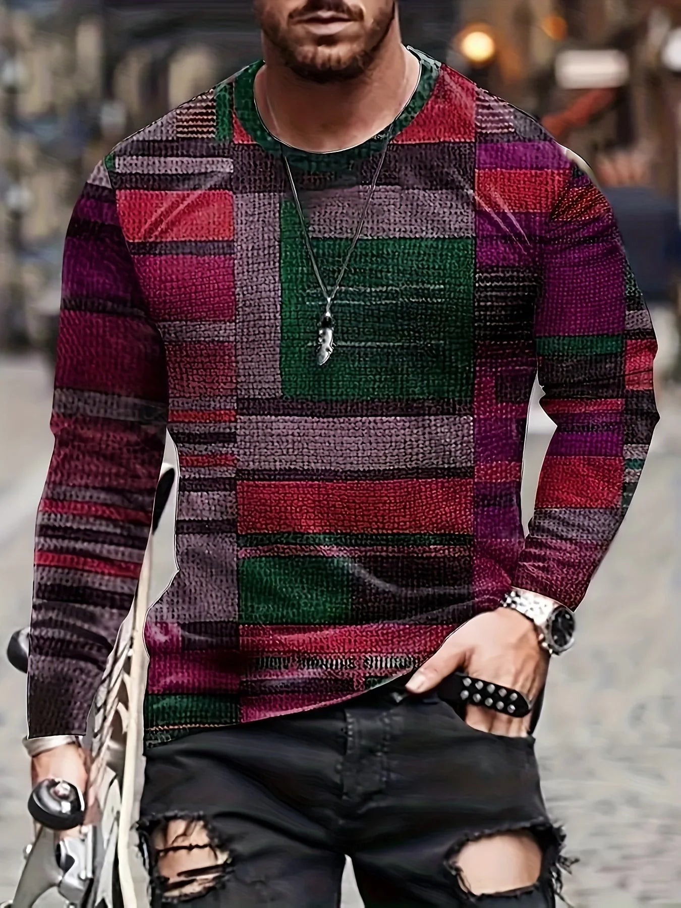 Men's Colorful Plaid Long Sleeve T-Shirt