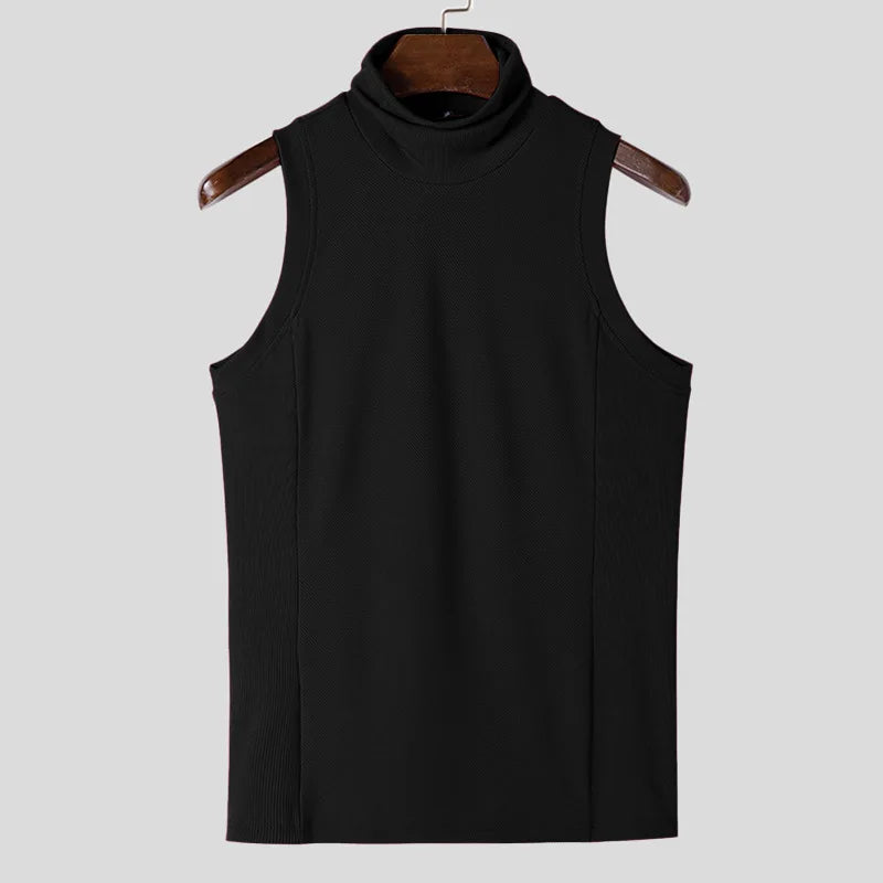 Men's Clothing Sexy Skinny Solid Color Tank Tops High Colalr Sleeveless Gym Streetwear Leisure Vests Party Basic Shirt S-3XL