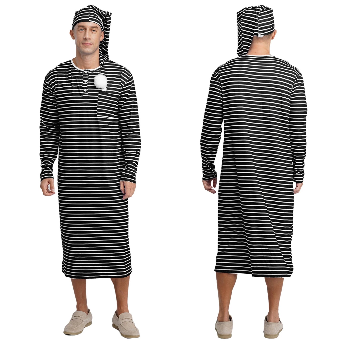 Mens Sissy Nightgown Striped Sleep Robe with Hat Set Complete Sleepwear Comfortable Loungewear Homewear for Holiday Nights