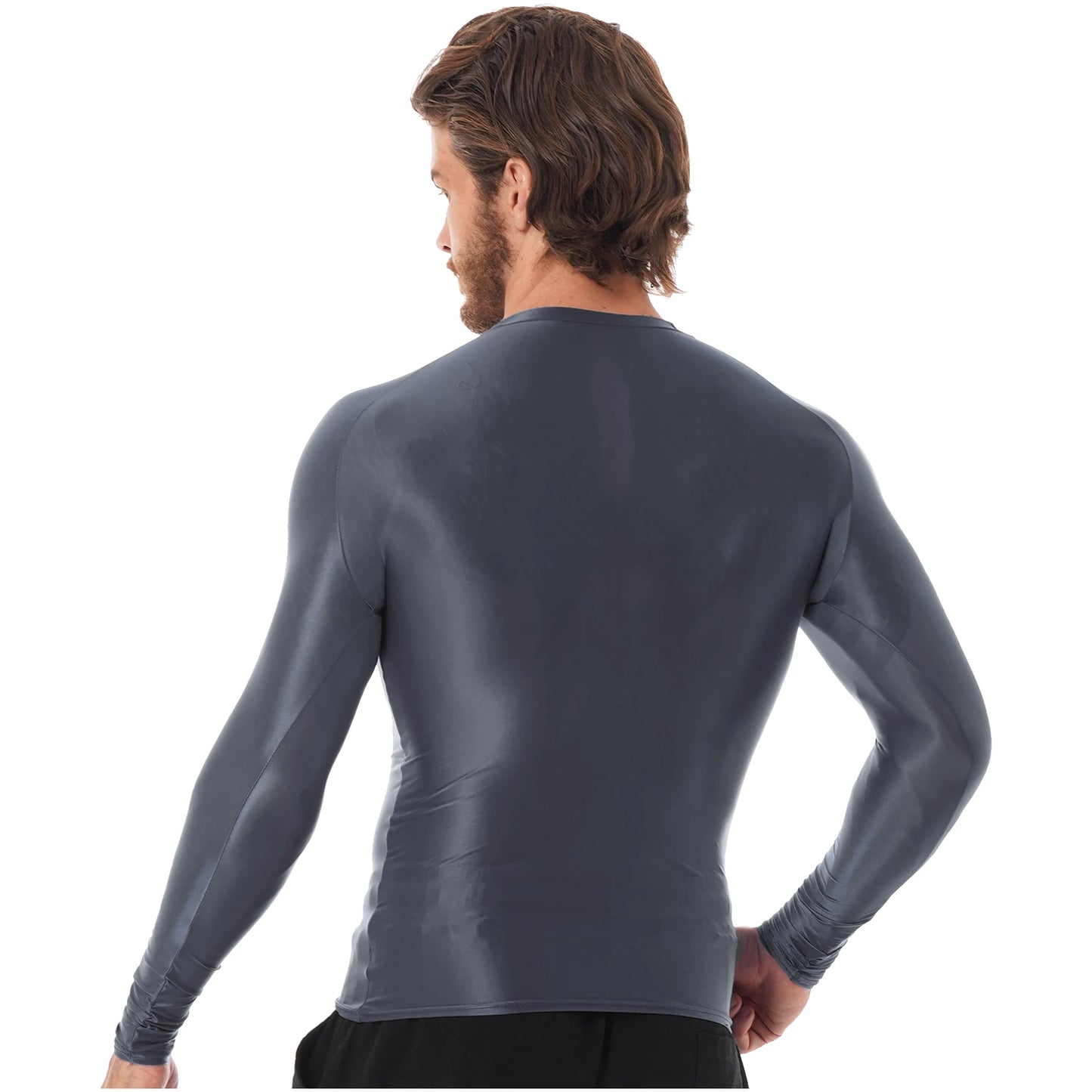 Mens Glossy Sports Tops Long Sleeve T-shirt Solid Color Slim Fit Breathable Fitness Gymnastics Workout Tops Yoga Beach Swimwear