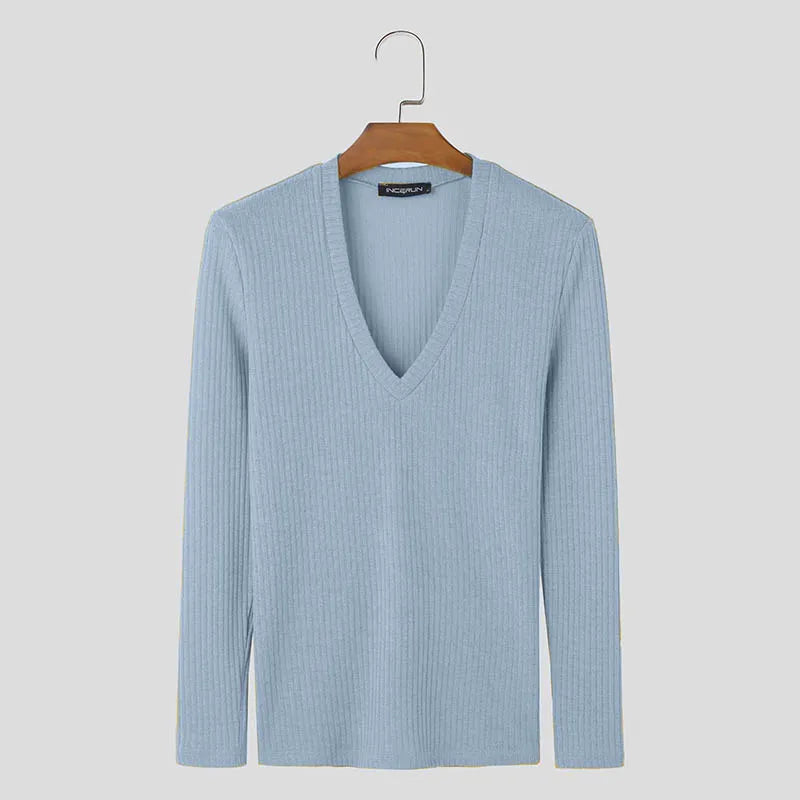 Handsome Well Fitting Tops INCERUN 2024 Men's Solid V-neck Knitted T-shirts Summer Casual Streetwear Long Sleeved Camiseta S-5XL