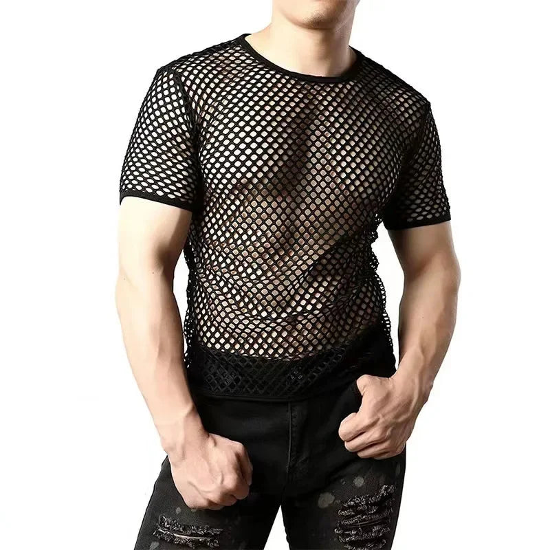 Mens Mush Tops Personality Tight Bottoming Hollow Out Shirt Fishing Grid Perspective Short-sleeved T-shirt Male Top