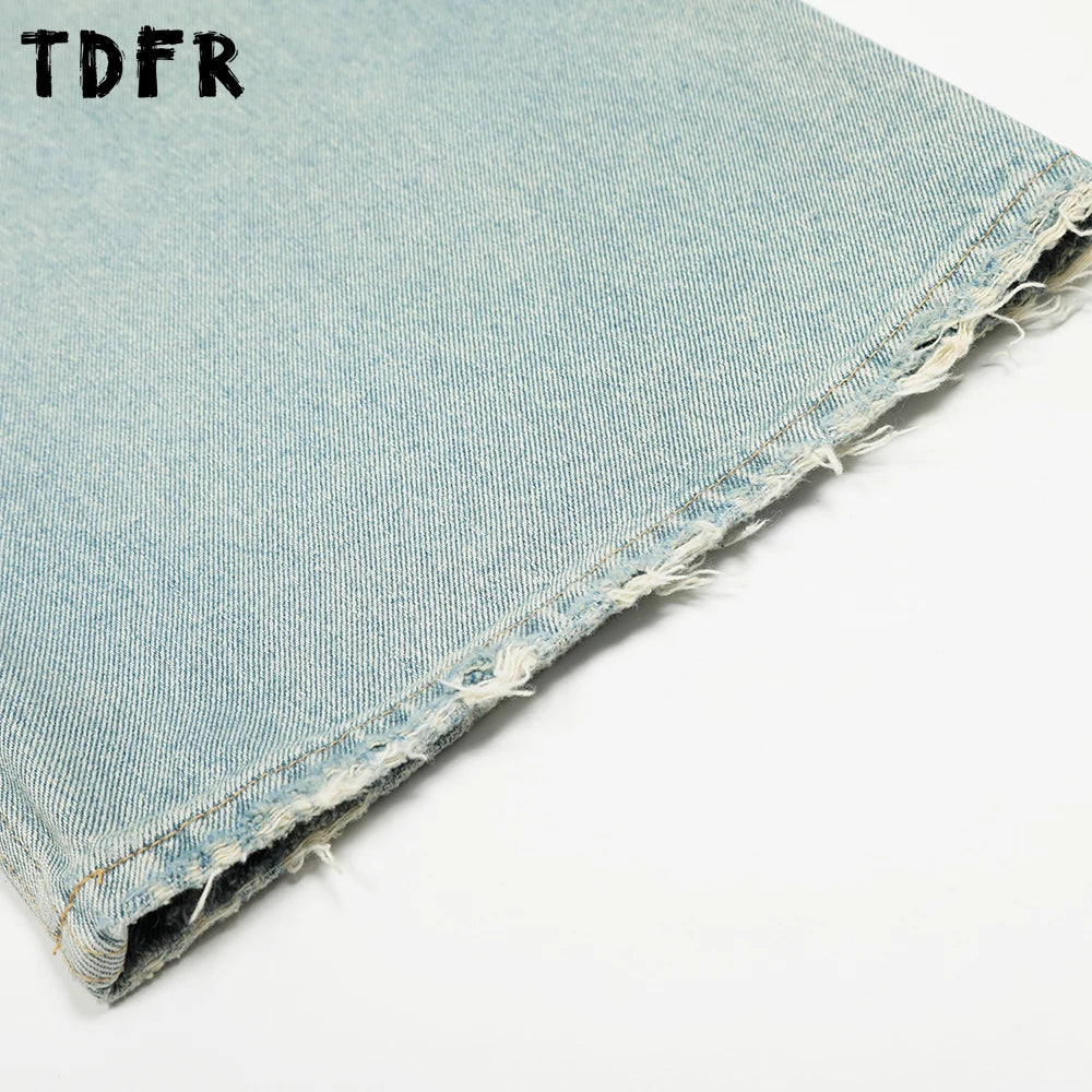 Ripped Straight Jeans Mens Pocket Retro Casual Washed Distressed Baggy Wide Leg Denim Pants Man