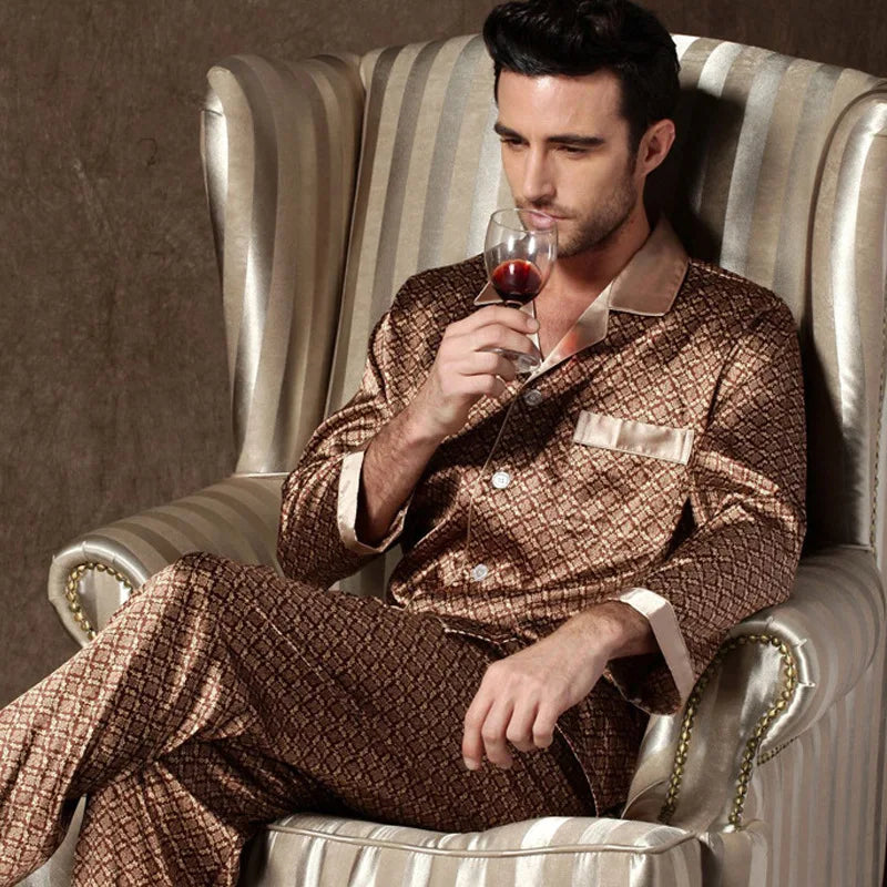 Silk Satin Pajamas for Men Sleepwear Cozy Soft Print Long Sleeve Nightgown Tops + Trousers Two Pieces Mens Pajama Set