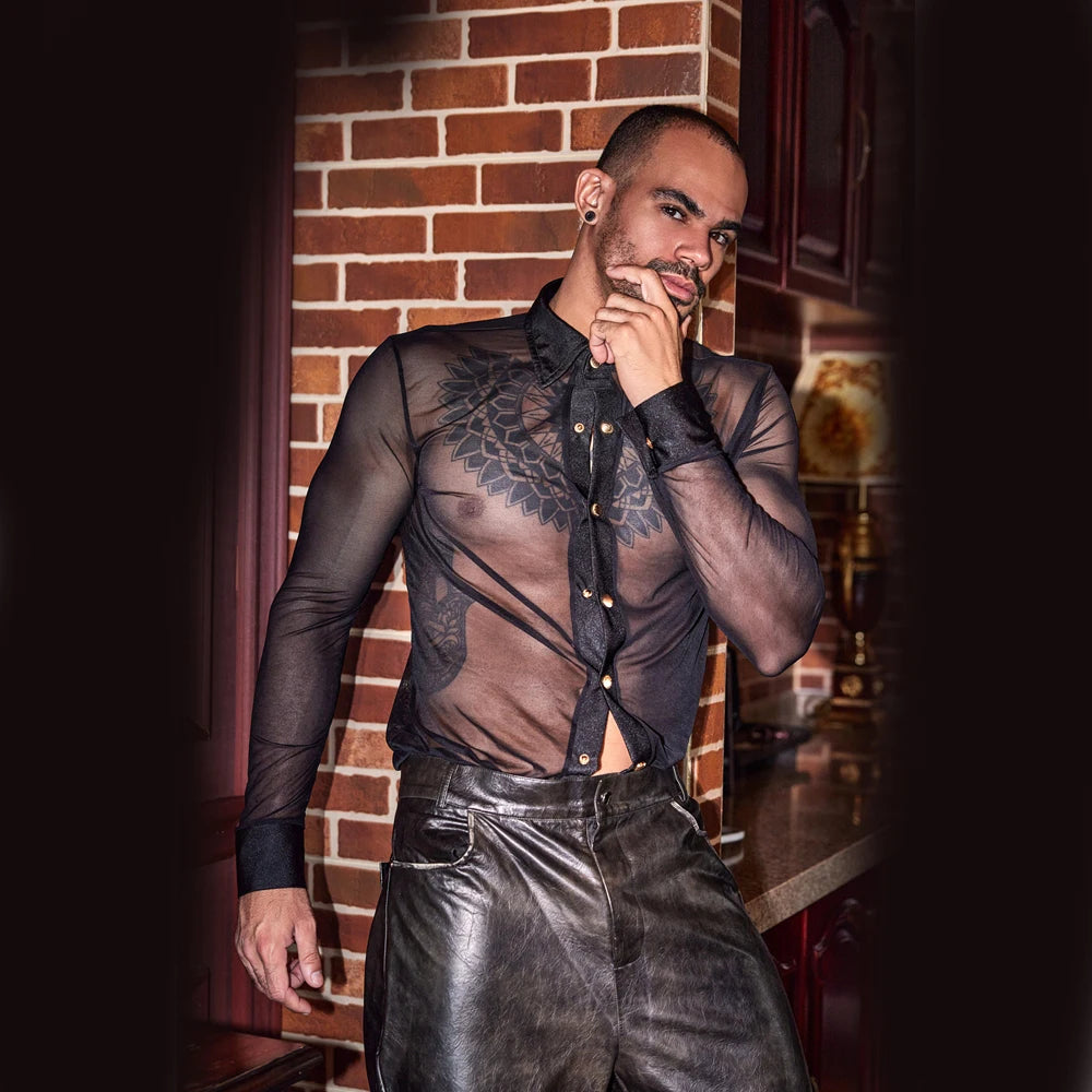 Men's Sheer See Through Dance Shirt in Nylon and Elastane