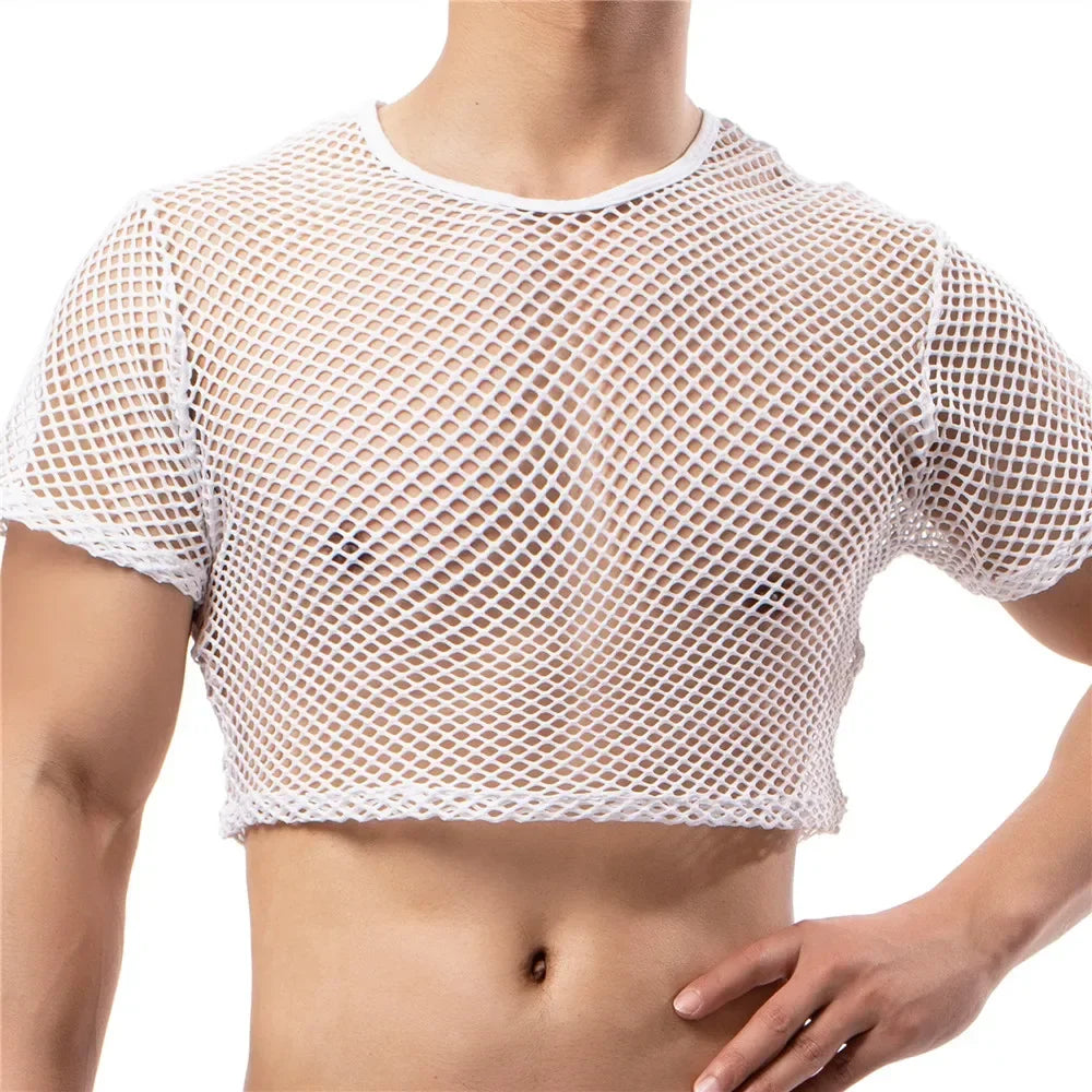 Sexy Mens Undershirts Short Sleeve Transparent Mesh Crop Tops Fishnet Hollow Out T Shirts Sport Nightclub Muscle Sheer Tees Tops