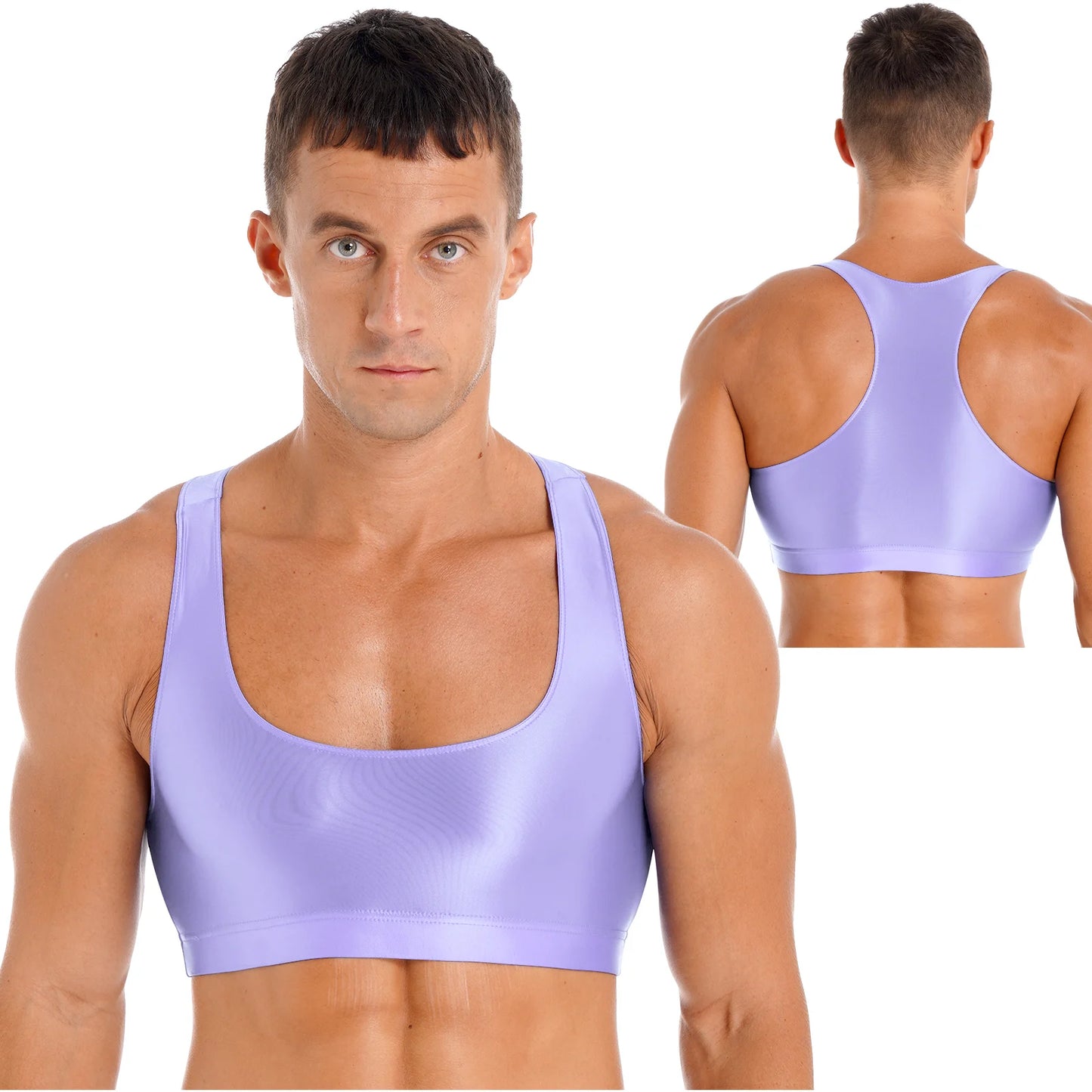 Mens Glossy Crop Top Short Sleeve Oil Shiny Slim Fit Sports Fitness T-shirt Tee Workout Cheer Booty Dance Tops Swimwear Clubwear