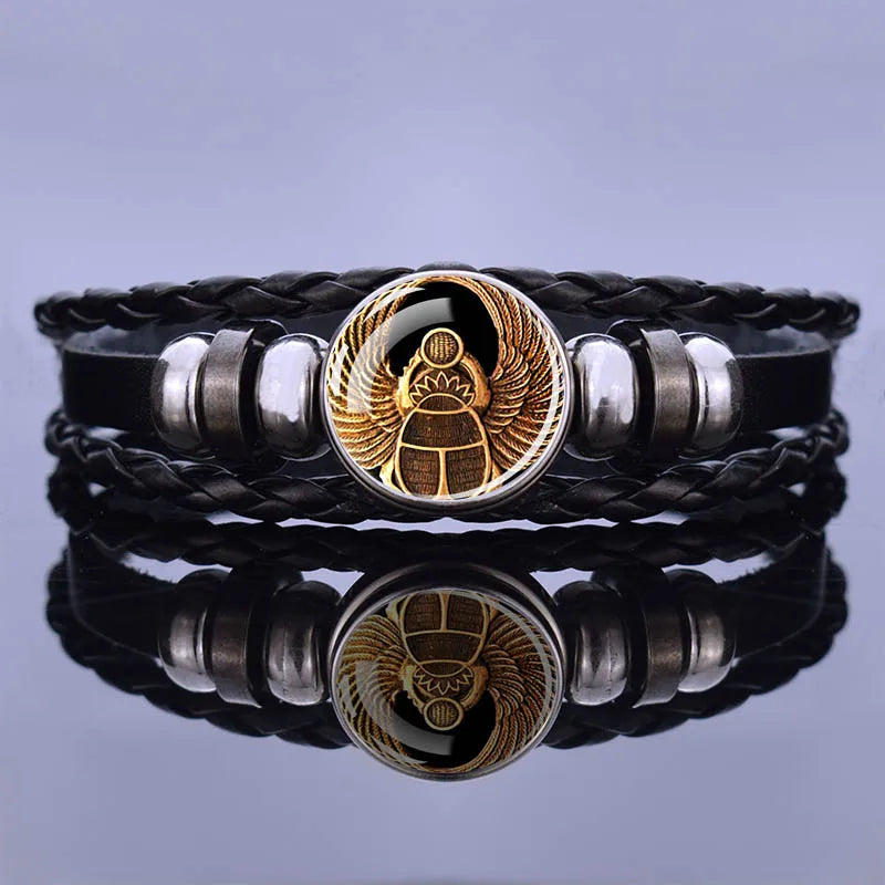 Egyptian Ankh Cross Punk Bracelet Vintage Ancient Egypt Anubis Scarab Goddess Woven Multilayer Bracelets Jewelry Gift