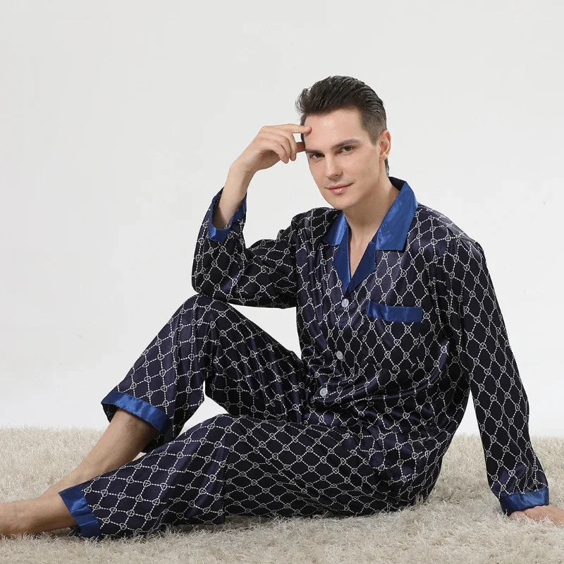 Silk Satin Pajamas for Men Sleepwear Cozy Soft Print Long Sleeve Nightgown Tops + Trousers Two Pieces Mens Pajama Set