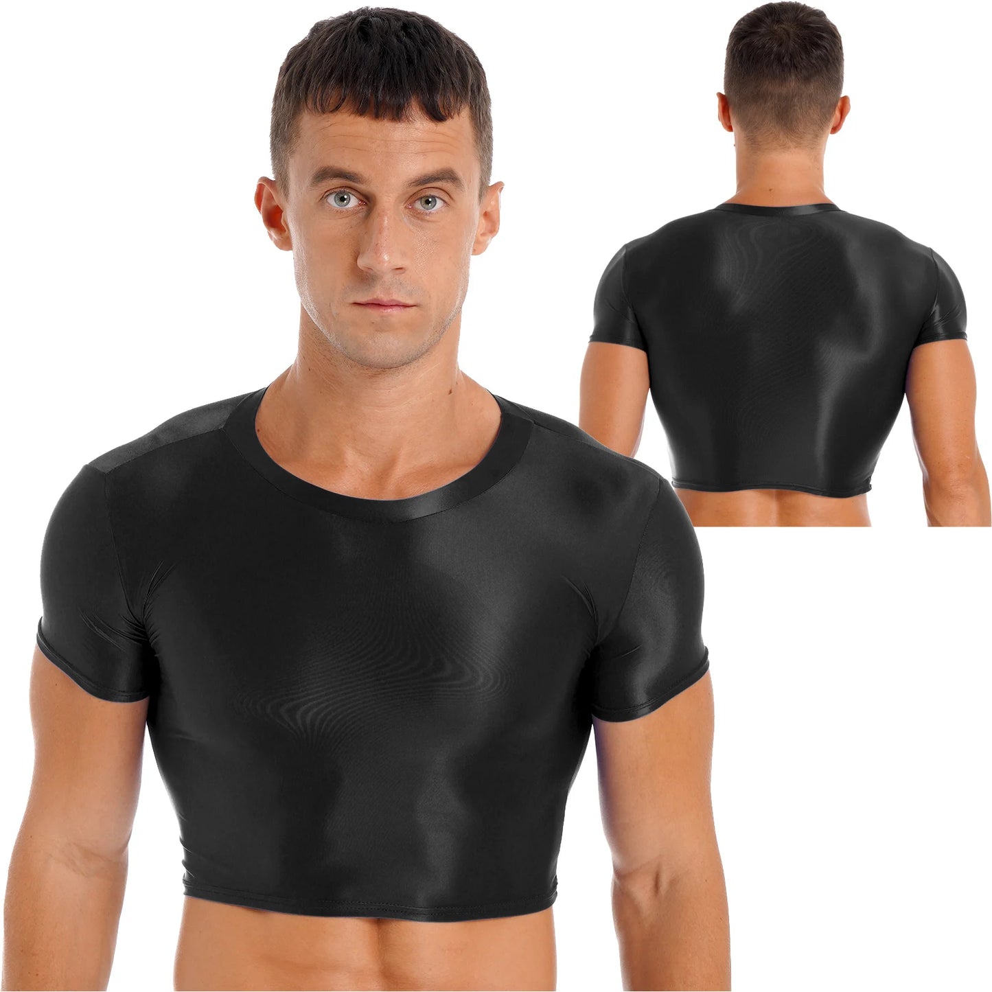 Mens Glossy Crop Top Short Sleeve Oil Shiny Slim Fit Sports Fitness T-shirt Tee Workout Cheer Booty Dance Tops Swimwear Clubwear