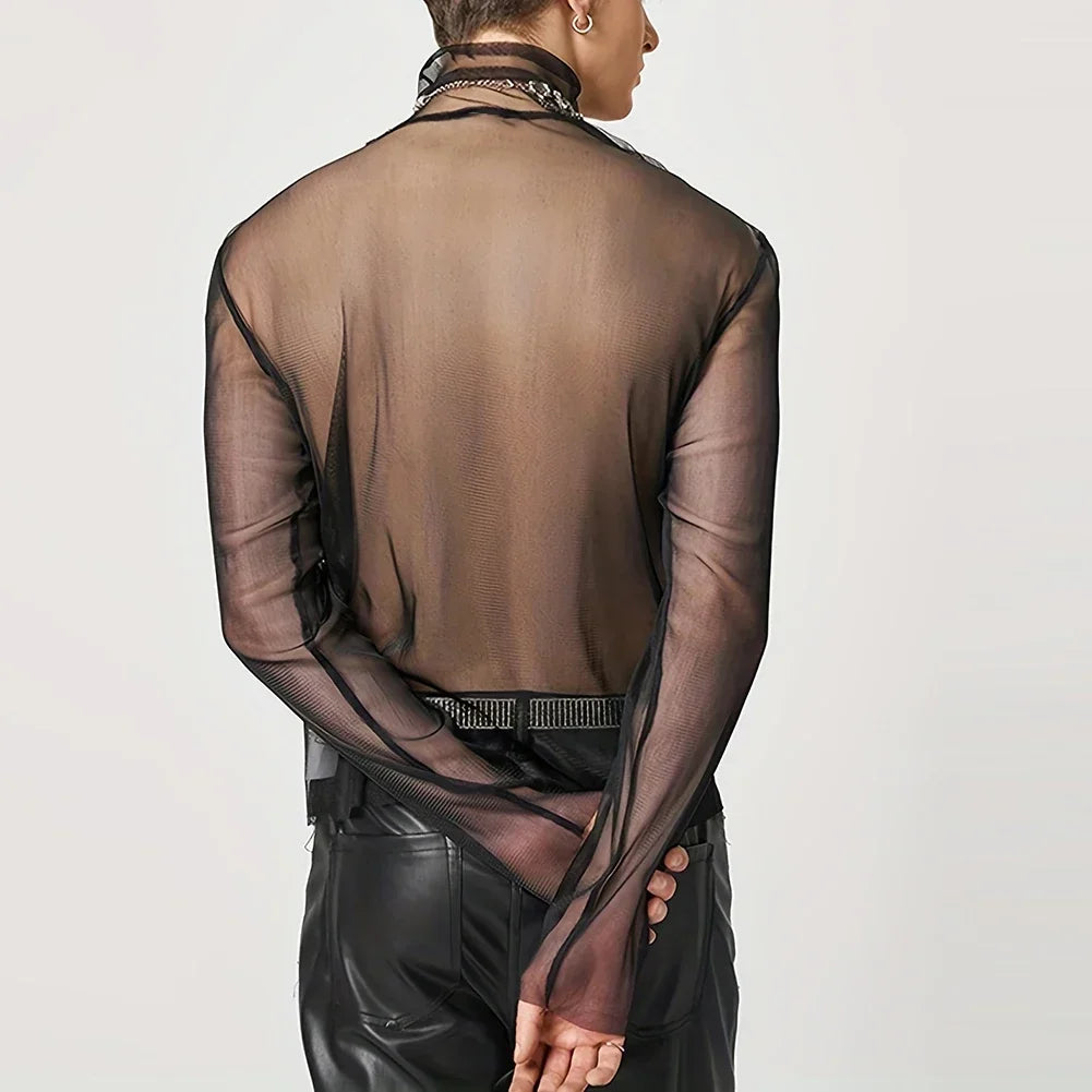 Sexy Mens Streetwear Mesh Transparent Turtleneck Long Sleeve Tops Solid Color Summer T Shirts O Neck Tee for Men Black Color