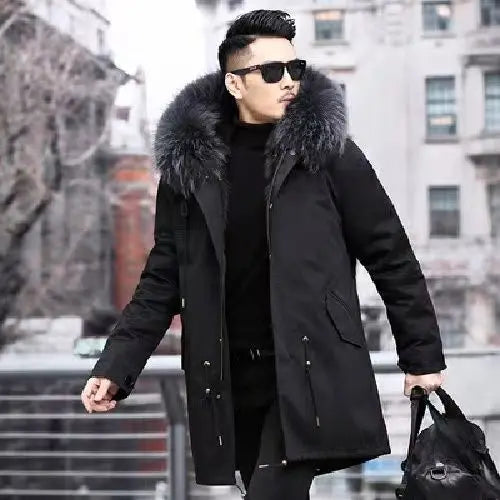Winter Men Long Hooded Jacket High Quality Raccoon Fur Collar